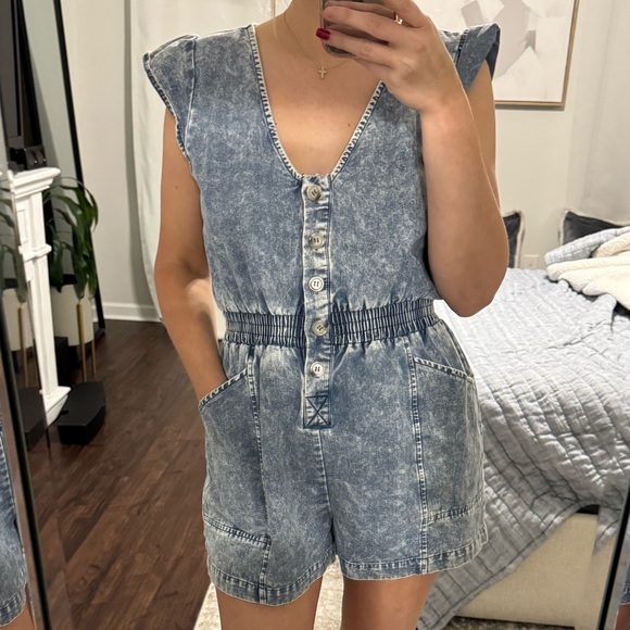Promesa Pants - Cute Girly Flare Sleeves Blue Denim Pull Up Stretch Romper